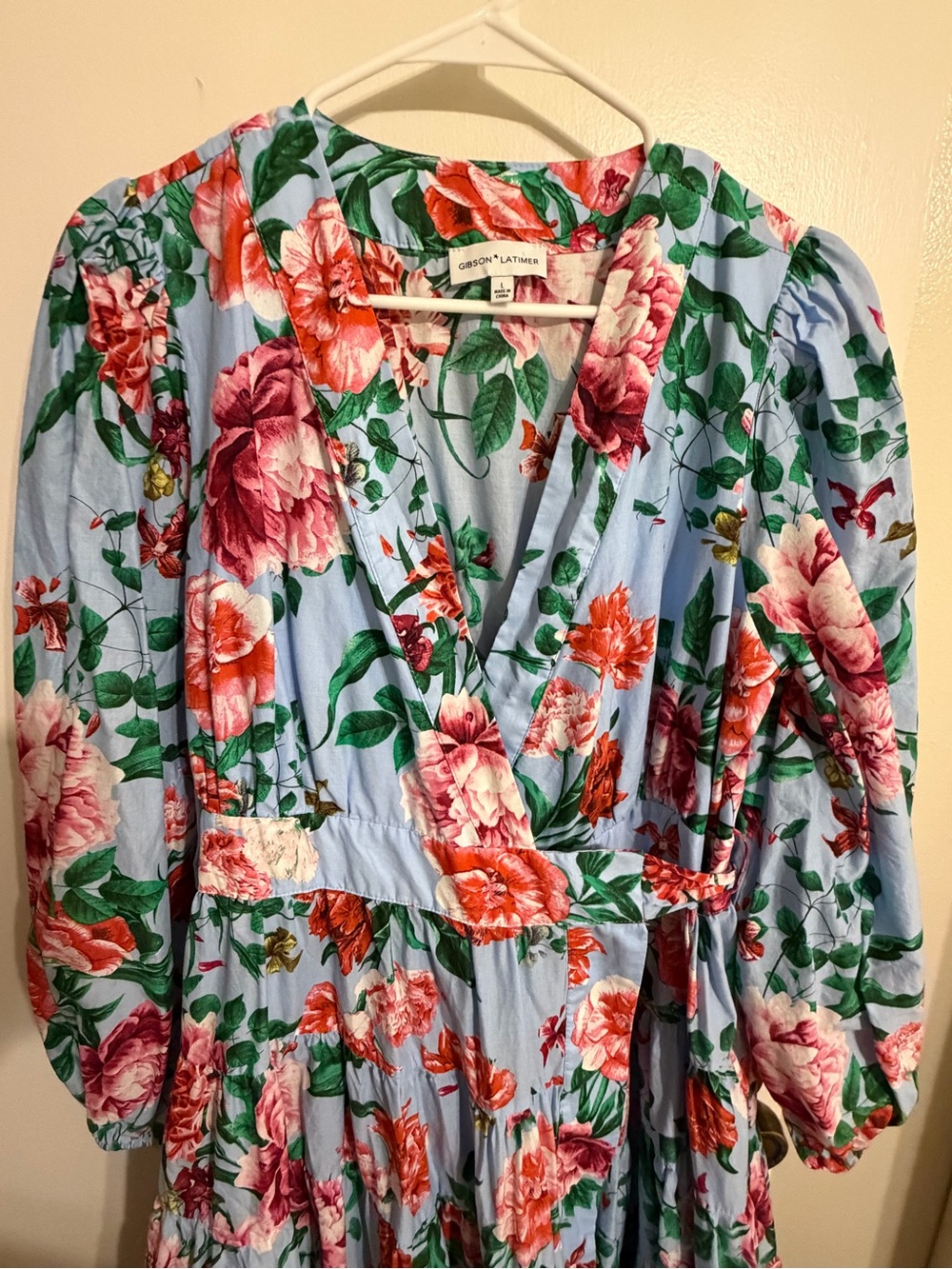 Gibson Latimer Light Blue Floral Wrap Midi Dress with Pink & Red Blooms - Picture 4 of 6
